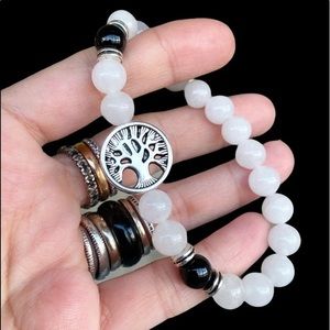 Genuine white agate & onyx tree of life bracelet